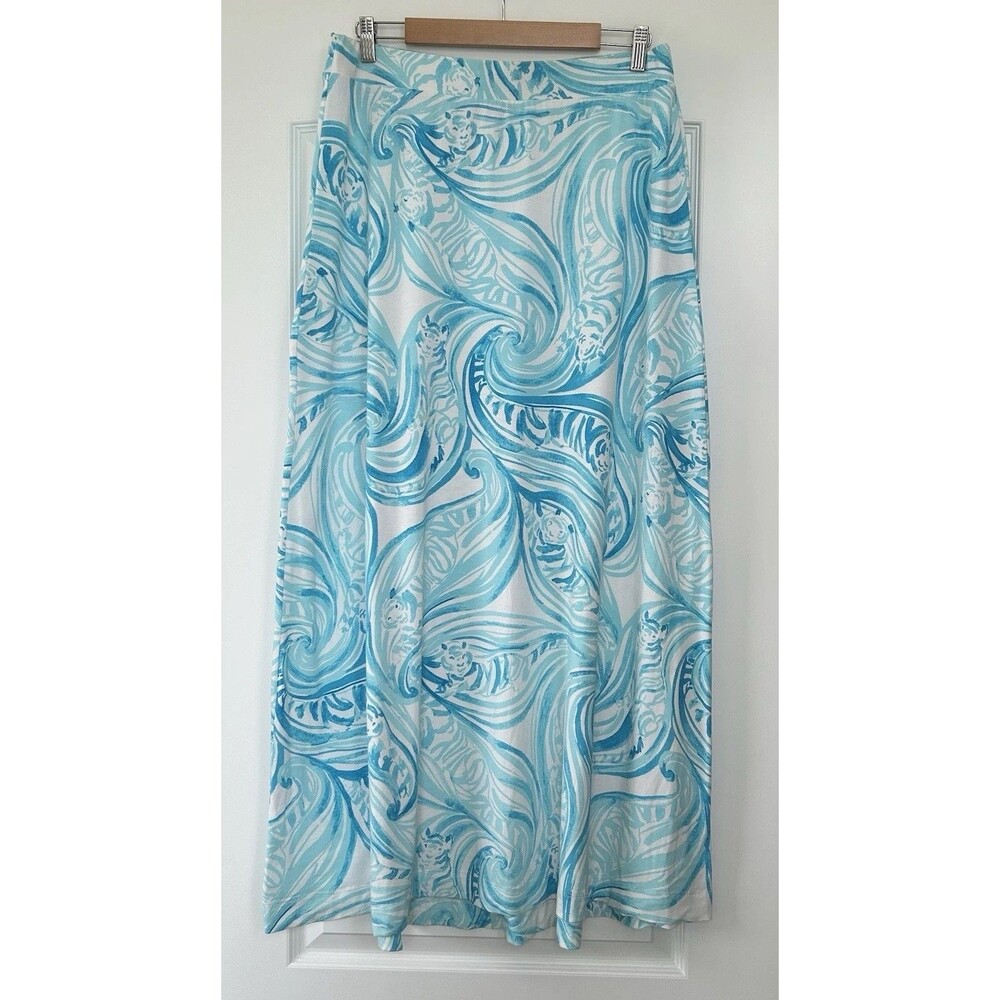 Lilly Pulitzer Nola Maxi Skirt Sea Ruffles Blue White Knit Stretch Womens Size L